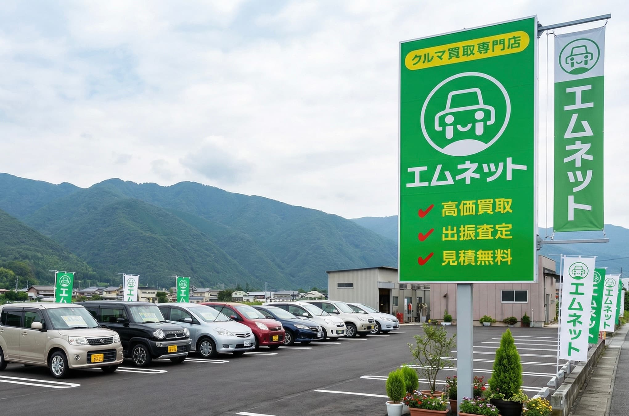 緑のエムネット看板、展示車、店舗前の舗装スペースと東みよし町の山並み
